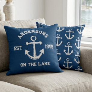 Rustic Vintage Anchor Name Est. Navy Blue Throw Pillow
