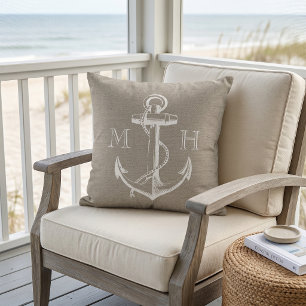 Rustic Vintage Anchor Wedding Monogram Throw Pillow