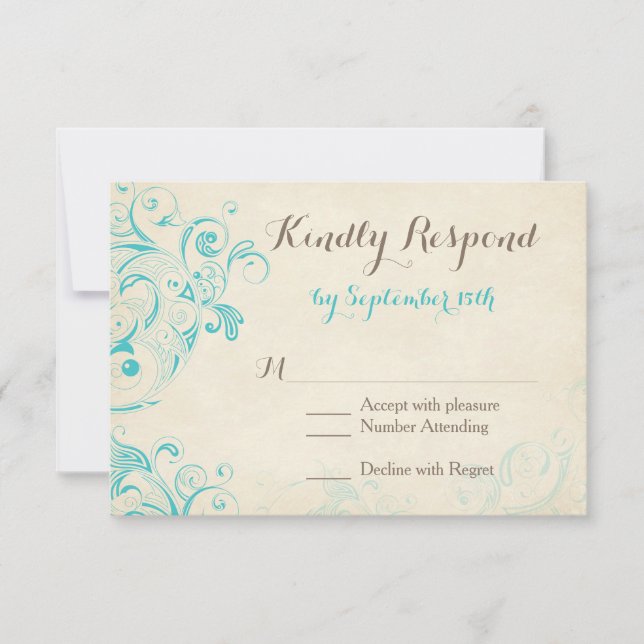 Rustic Vintage Aqua Flourish Wedding RSVP Cards (Front)