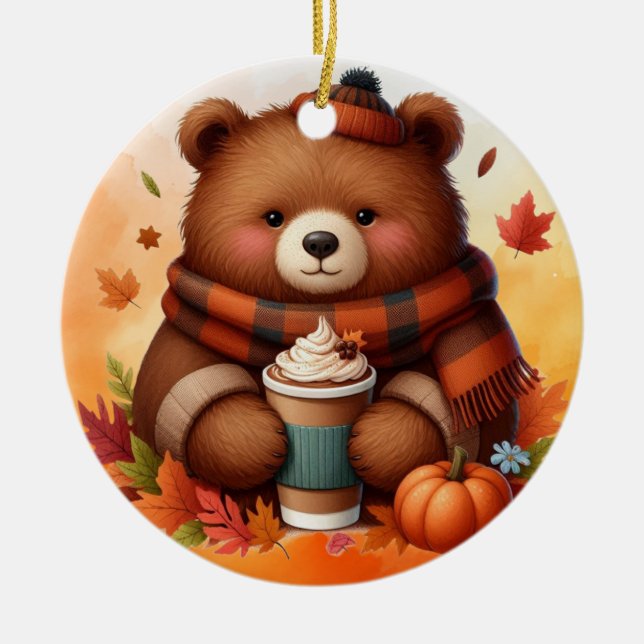 Rustic/vintage autumn bear ceramic ornament (Front)