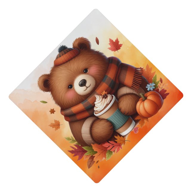 Rustic/vintage autumn bear graduation cap topper (Front)