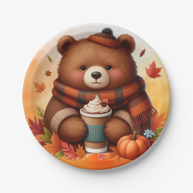 Rustic/vintage autumn bear paper plate (Front)