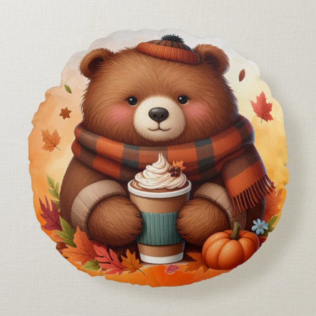 Rustic/vintage autumn bear round pillow (Front)