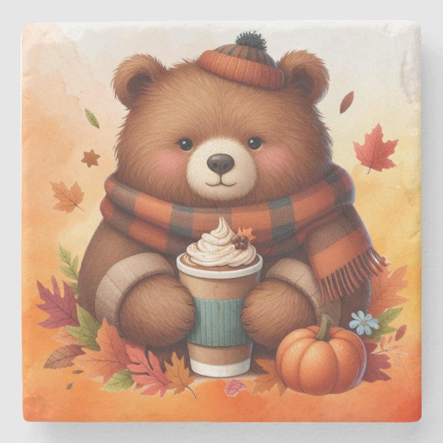 Rustic/vintage autumn bear stone coaster (Front)
