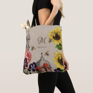 Rustic Vintage Beehive Floral Garden with Monogram Tote Bag