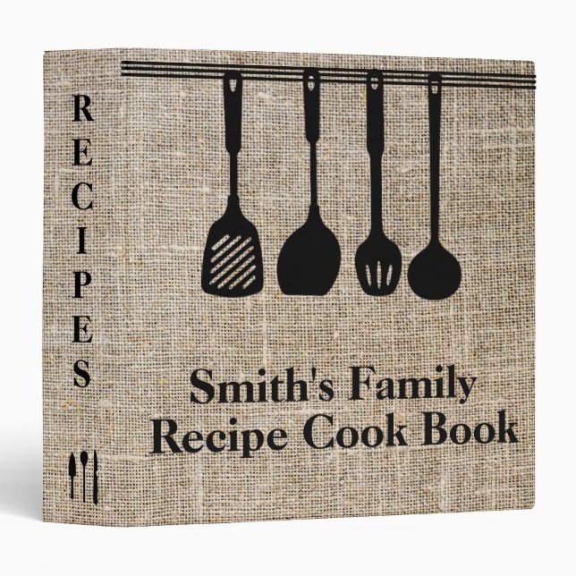 Rustic Vintage Beige Linen Printed Cookbook Binder (Front/Spine)