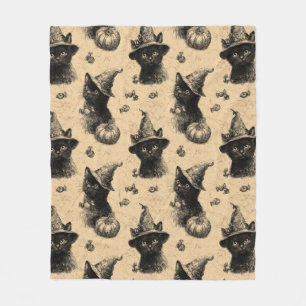 Rustic Vintage Black Cat Witch Halloween Pattern Fleece Blanket