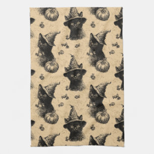 Rustic Vintage Black Cat Witch Halloween Pattern Kitchen Towel