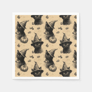 Rustic Vintage Black Cat Witch Halloween Pattern Napkin