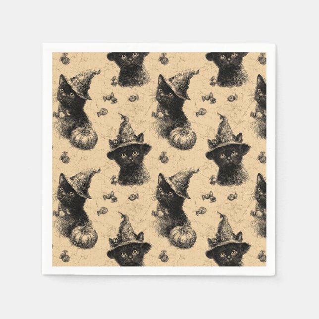 Rustic Vintage Black Cat Witch Halloween Pattern Napkin (Front)