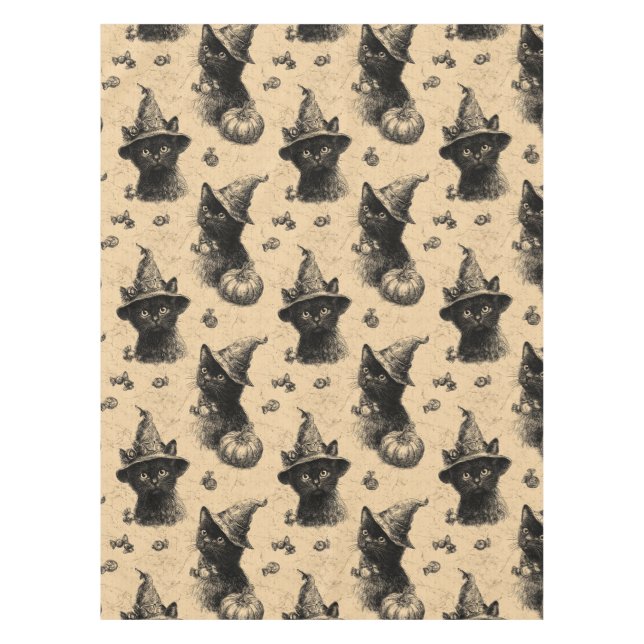 Rustic Vintage Black Cat Witch Halloween Pattern Tablecloth (Front)