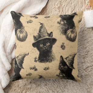 Rustic Vintage Black Cat Witch Halloween Pattern Throw Pillow