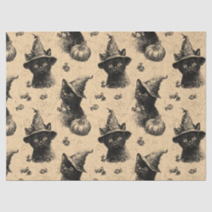 Rustic Vintage Black Cat Witch Halloween Pattern Tissue Paper