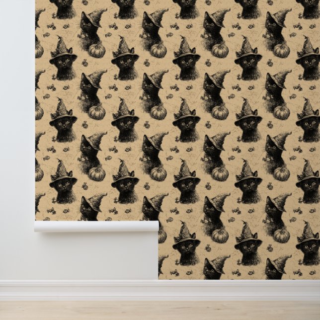 Rustic Vintage Black Cat Witch Halloween Pattern Wallpaper (Application)