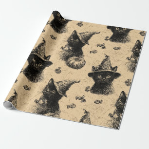 Rustic Vintage Black Cat Witch Halloween Pattern Wrapping Paper