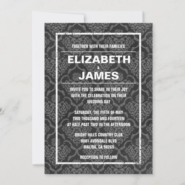Rustic Vintage Black Damask Wedding Invitations (Front)