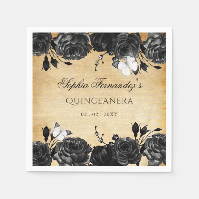 Rustic Vintage Black Floral Butterfly  Napkin (Front)