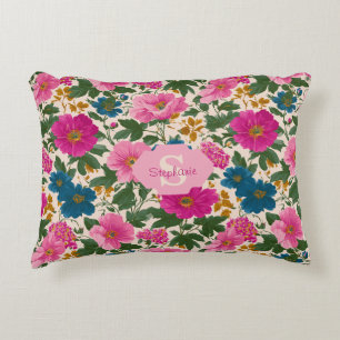 Rustic Vintage Blue and Pink Floral Pattern Accent Pillow