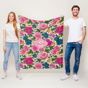 Rustic Vintage Blue and Pink Floral Pattern Fleece Blanket