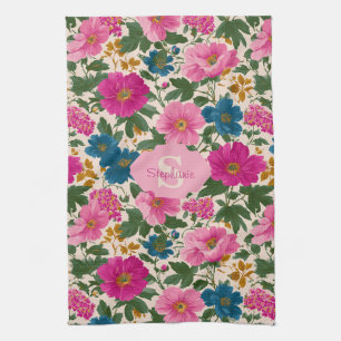 Rustic Vintage Blue and Pink Floral Pattern Kitchen Towel