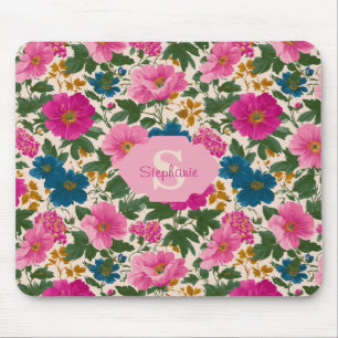 Rustic Vintage Blue and Pink Floral Pattern Mouse Pad