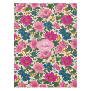 Rustic Vintage Blue and Pink Floral Pattern Tablecloth