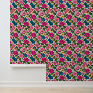 Rustic Vintage Blue and Pink Floral Pattern Wallpaper
