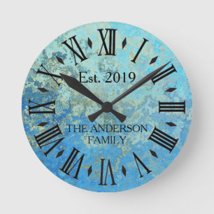 Rustic Vintage Blue Distressed Metal Round Clock