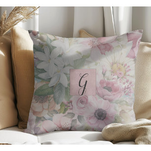 Rustic Vintage Blush Pink Floral Pattern Monogram Throw Pillow
