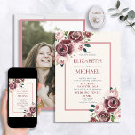 Rustic Vintage Burgundy Blush Floral Photo Wedding Invitation<br><div class="desc">Modern and trendy,  this wedding invitation design features vintage watercolor rose florals in burgundy and blush pink,  with a burgundy text box,  and your favourite engagement on the reverse. Copyright Elegant Invites,  all rights reserved.</div>