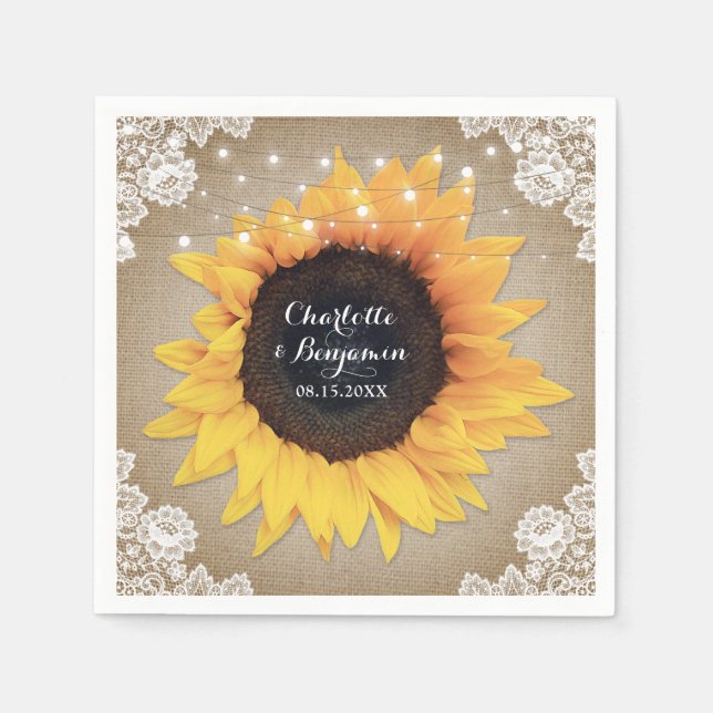 Rustic Vintage Burlap Lace Sunflower Wedding Napkin (Front)