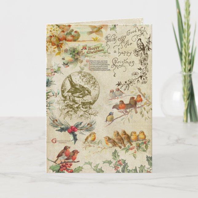 Rustic Vintage Christmas Birds & Holly Ephemera Holiday Card (Front)