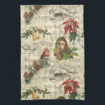 Rustic Vintage Christmas Music Floral Ephemera Kitchen Towel<br><div class="desc">Warm and nostalgic seamless vintage pattern featuring Santa portrait,  holly,  poinsettia,  bells and robin perched on a pine bough with Silent Night sheet music,  engraved rustic homestead and distressed ecru harlequin diamond pattern on buff parchment background.</div>