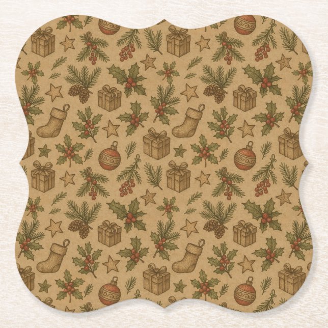 Rustic, vintage Christmas patterned Paper Coaster (Front)
