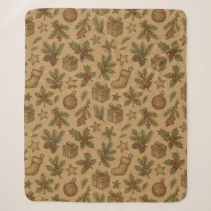 Rustic, vintage Christmas patterned Sherpa Blanket