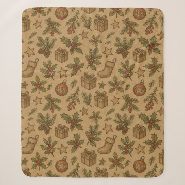Rustic, vintage Christmas patterned Sherpa Blanket (Front)