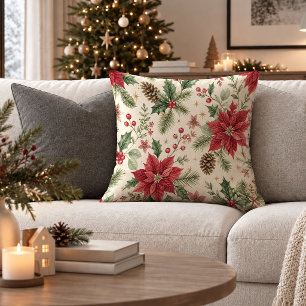 Rustic Vintage Christmas Poinsettia Throw Pillow