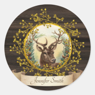 Rustic Vintage Christmas Stag Personalized Classic Round Sticker
