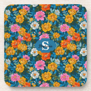 Rustic Vintage Colourful Floral Pattern in Blue (2 Coaster