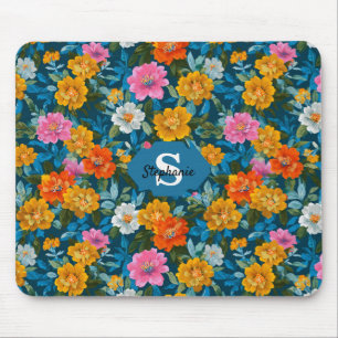 Rustic Vintage Colourful Floral Pattern in Blue (2 Mouse Pad