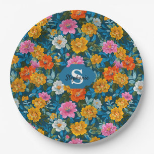Rustic Vintage Colourful Floral Pattern in Blue (2 Paper Plate