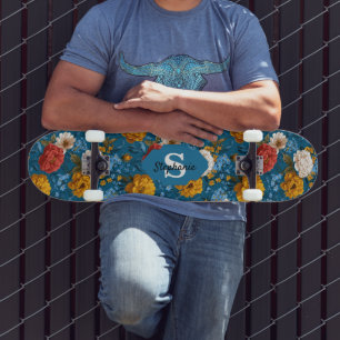 Rustic Vintage Colourful Floral Pattern in Blue Skateboard