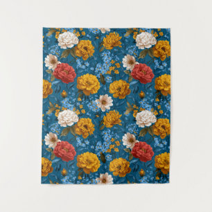Rustic Vintage Colourful Floral Pattern in Blue Tapestry