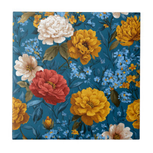 Rustic Vintage Colourful Floral Pattern in Blue Tile