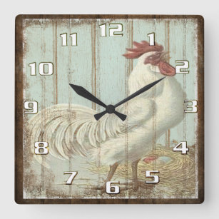 Rustic Vintage Country Rooster Kitchen Square Wall Clock