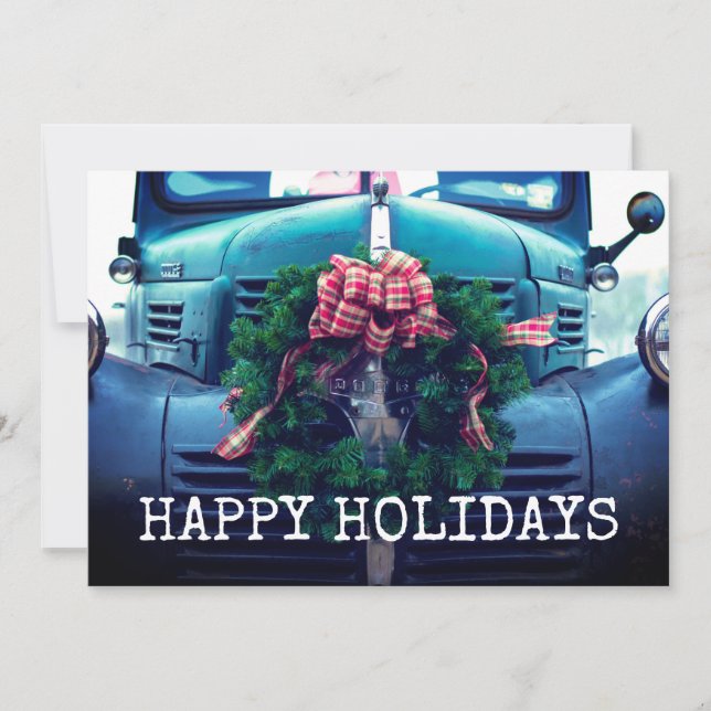 Rustic Vintage Country Truck With Wreath Holiday Card (Front)