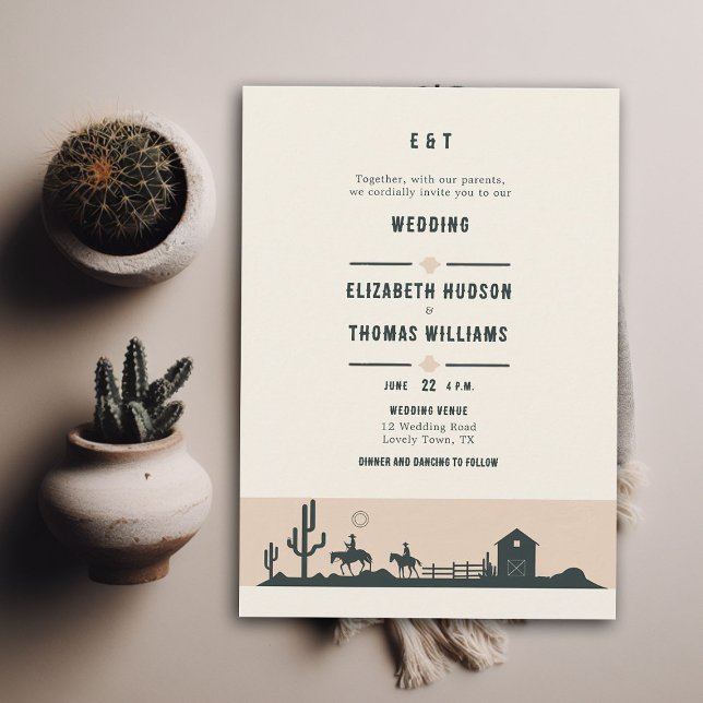 Rustic Vintage Cowboy Wedding Barn Cactus Desert Invitation (rustic vintage cowboy wedding invitation horse riding cactus desert illustration barn backyard chic)