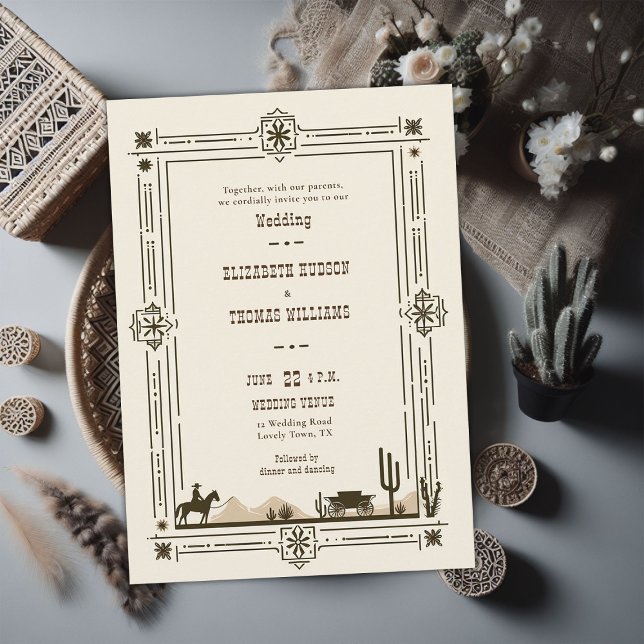 Rustic Vintage Cowboy Wedding Western Frame Invitation (rustic vintage cowboy wedding invitation country western frame horse cowboy wagon desert cactus )