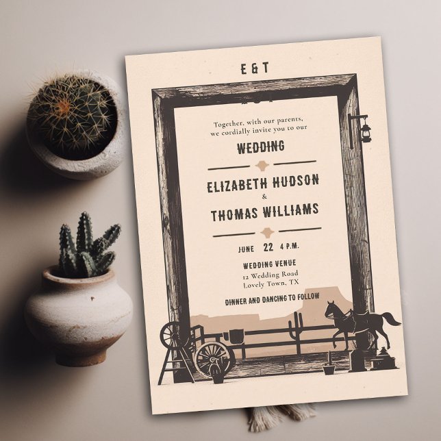 Rustic Vintage Cowboy Wedding Wood Frame Invitation (rustic vintage cowboy wedding invitation wood frame horse desert illustration barn backyard outdoor)