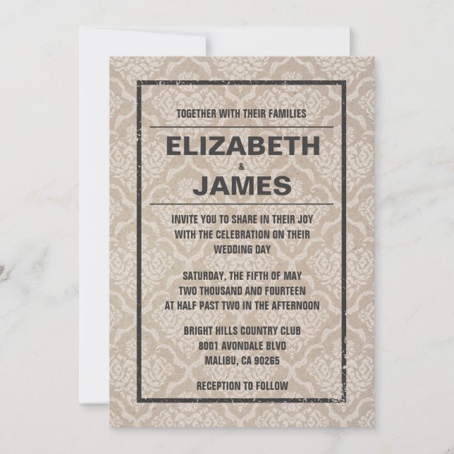 Rustic Vintage Damask Wedding Invitations (Front)